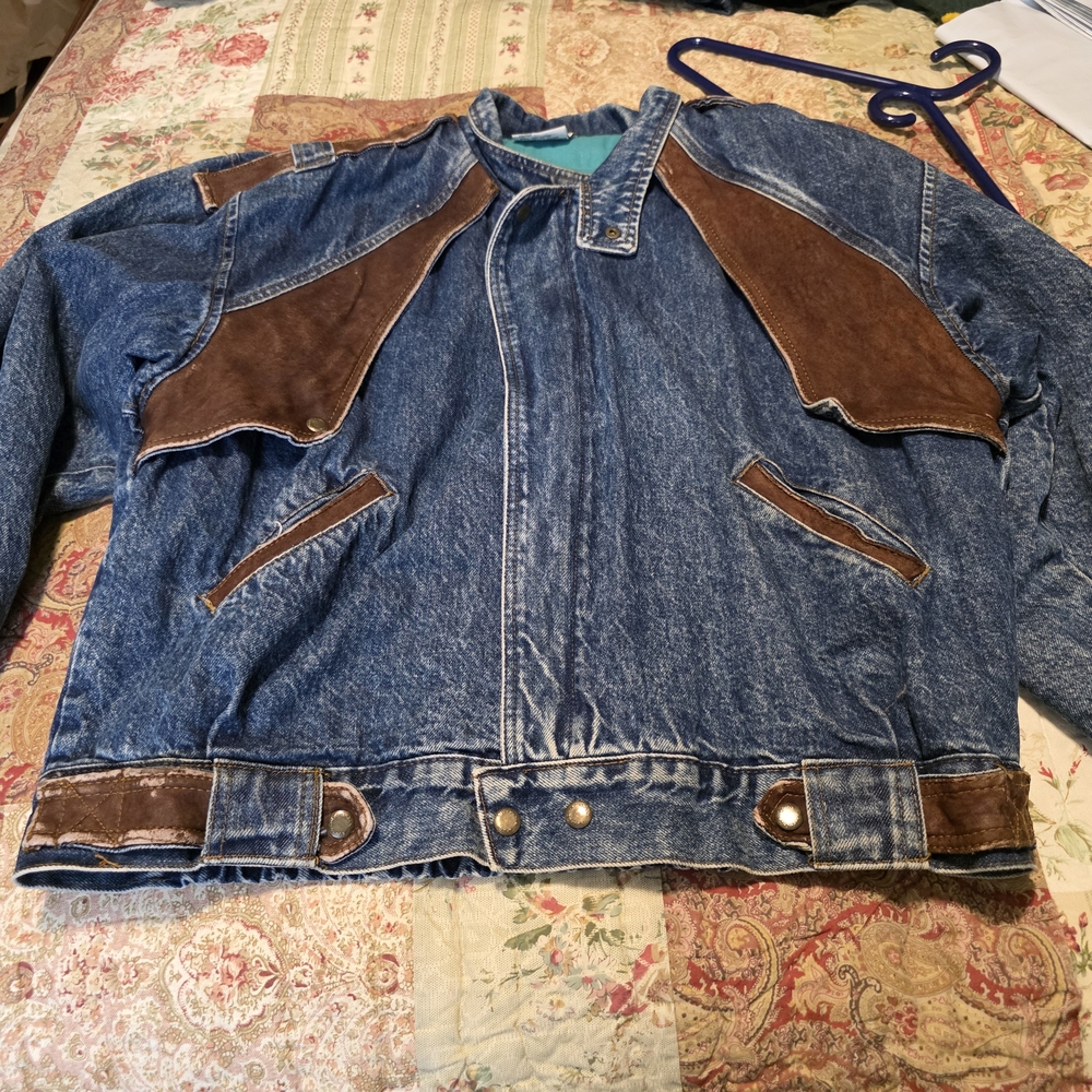 Men's Denim and Brown Leather Bomber Jacket